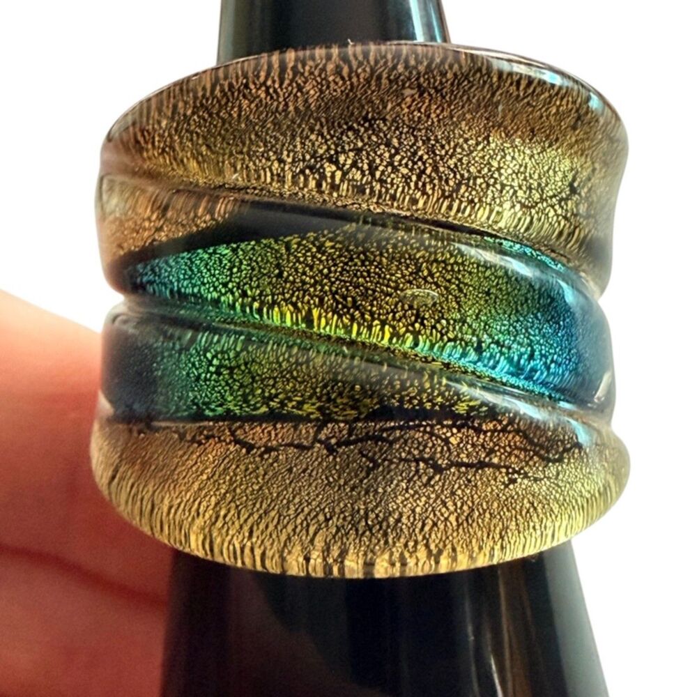 Hand Blown Glass Dome Wave Ring Green Blue Swirl Shimmer Glitter Size 7